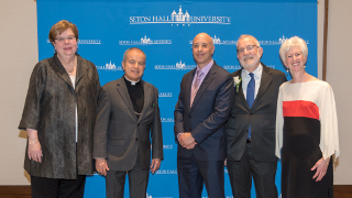 Interim President Mary J. Meehan at the 2019 Evening of Roses with (L to R) featured speakers the Most Reverend Roberto Octavio González Nieves and Elisha Wiesel, along with honorees David M. Bossman and Deborah Lerner Duane.